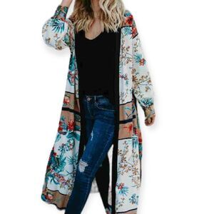 Colorful Floral Waist Tie Up Maxi Kimono Robe Beach Cover Up NEW